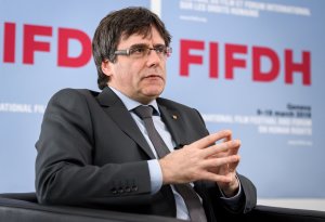 Carles Puigdemont sits during an interview at the International Film Festival and Forum of the Human Rights on March 18, 2018 in Geneva. (Credit: FABRICE COFFRINI/AFP/Getty Images)