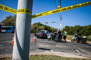 Police tape marks off the neighborhood where a package bomb went off on March 19, 2018 in Austin, Texas. (Credit: Drew Anthony Smith/Getty Images)