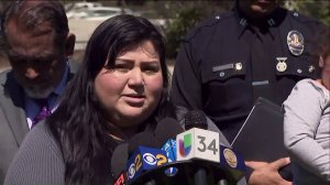 The sister of a shooting victim speaks at a press conference in Highland Park on March 27, 2018. (Credit: KTLA)