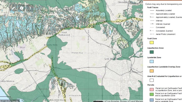 Earthquake faults run along stretches of Santa Monica Boulevard on the Westside and into Hollywood. LIquefaction zones spread across the region. Landslide zones are in hilly areas. (Credit: California Geological Survey)