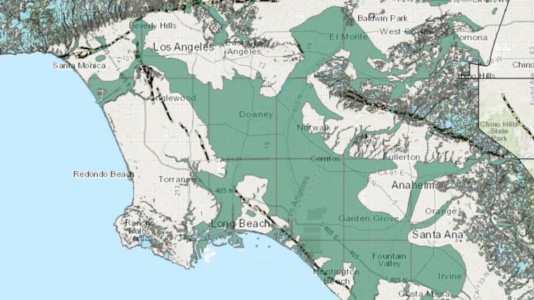 Large swaths of the Los Angeles Basin and Orange County are in a liquefaction zone. (Credit: California Geological Survey)