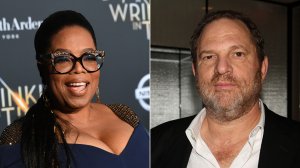 Oprah Winfrey attends the premiere of "A Wrinkle In Time" at the El Capitan Theatre on Feb. 26, 2018; Harvey Weinstein arrives at a party during the Toronto International Film Festival on Sept. 11, 2007. (Credit: Getty Images)