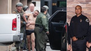 Isaias De Jesus Valencia, suspected of killing a Pomona police officer, is taken into custody following a lengthy standoff with police on March 10, 2018; and Officer Gregg Casillas is seen in an undated photo. (Credit: Ifran Kahn/Los Angeles Times, left; Pomona Police Department, right)