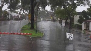 A road closure is seen in Montecito as a powerful spring storm arrived on March 21, 2018. (Credit: KTLA)