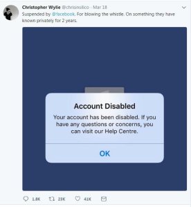 Facebook has suspended former Cambridge Analytica contractor Christopher Wylie from using its platform, he tweeted March 18, 2018.