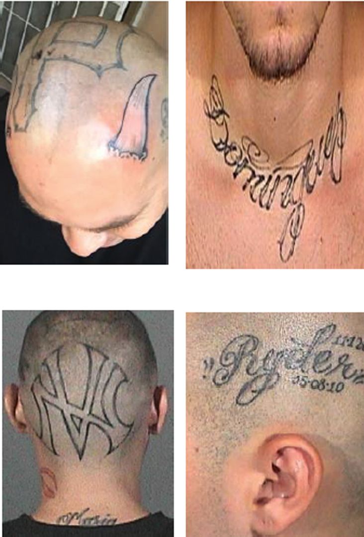 Closeups of Derek Dominguez's tattoos are shown in photos released by the Los Angeles Police Department on March 20, 2018.