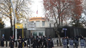 Turkish anti-riot police secure the area around the U.S. Embassy in Ankara during a protest against the U.S. president's decision to officially recognize Jerusalem as the Israeli capital, on Dec. 7, 2017. (Credit: Adem Altan/AFP/Getty Images)