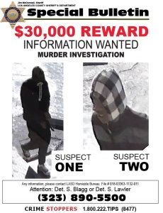 A poster provided by the Los Angeles County Sheriff's Department on March 6, 2018 shows two men suspected of fatally shooting John Ruh during an attempted robbery.