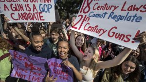 Students at the Los Angeles Center for Enriched Studies joined in a national student walkout in support of the Parkland, Fla., victims and survivors on March 14. (Credit: Brian van der Brug / Los Angeles Times)