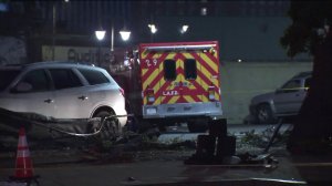 An ambulance is seen in the Westlake neighborhood of Los Angeles after it was stolen on April 8, 2018.