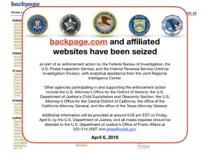 A message on backpage.com's website on April 6, 2018, stated the website had been seized by federal authorities.