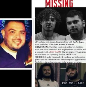 A missing persons flyer shows three men from Bakersfield who were last known to be traveling to Riverside.