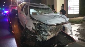 A car is seen after crashing into a restaurant in Torrance on April 17, 2018. (Credit: KTLA)