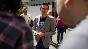 David Hogg, who survived the shooting at Marjory Stoneman Douglas High School in Parkland, Fla., speaks with well-wishers at The Standard in downtown Los Angeles on April 7. (Credit: Kent Nishimura / Los Angeles Times)