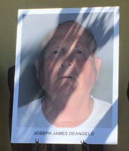 The booking photo for Joseph James DeAngelo was displayed at an afternoon news conference in Sacramento announcing an arrest on April 25, 2018. (Credit: KTXL)