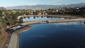 An image from Drone5 shows Silver Lake Reservoir on Feb. 13, 2018. (Credit: KTLA)