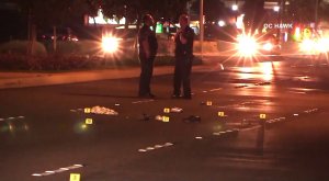 Evidence markers line the scene of a fatal hit-and-run crash in Anaheim on April 29, 2018. (Credit: OC Hawk)