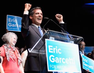 Councilman Eric Garcetti celebrates with supporters at The Hollywood Palladium after being elected as mayor of Los Angeles on May 21, 2013. (Credit: Kevork Djansezian / Getty Images)