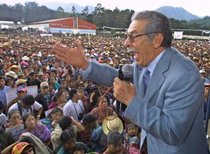 Ex-dictator and President of the Guatemalan Congress, Efrain Rios Montt speaks to supporters at a presidential campaign rally in the western state of Totonicapan, Guatemalan on June 6, 2003. (Credit: Orlando Sierra/AFP/Getty Images)