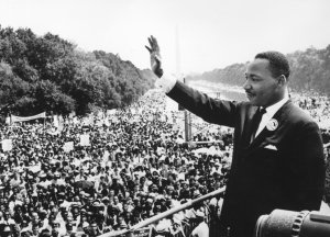 Civil rights leader Martin Luther King Jr. (1929 - 1968) addresses crowds during the March On Washington at the Lincoln Memorial, Washington DC, where he gave his 'I Have A Dream' speech. (Credit: Central Press/Getty Images)