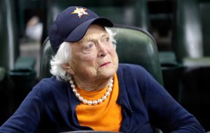 Former first lady Barbara Bush looks on before game five of the 2017 World Series between the Houston Astros and the Los Angeles Dodgers at Minute Maid Park on October 29, 2017 in Houston, Texas. (Credit: David J. Phillip - Pool/Getty Images)