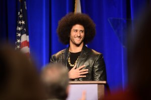 Honoree Colin Kaepernick speaks onstage at ACLU SoCal's annual Bill of Rights dinner at the Beverly Wilshire Four Seasons Hotel on Dec. 3, 2017. (Credit: Matt Winkelmeyer / Getty Images)