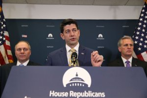 House Speaker Paul Ryan (R-WI), (center), speaks to the media while flanked by House Majority Leader Kevin McCarthy (R-CA), (right), and House Majority Whip, Steve Scalise (R-LA) (left), after a meeting with House Republicans on Capitol Hill, on March 6, 2018 in Washington, DC. (Credit: Mark Wilson/Getty Images)