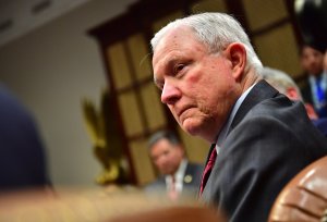 Attorney General Jeff Sessions attends a law enforcement roundtable on "sanctuary" cities held by President Donald Trump, in the Roosevelt Room at the White House, on March 20, 2018. (Credit: Kevin Dietsch / Getty Images)