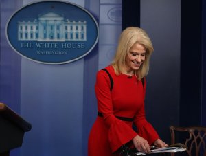 White House counselor Kellyanne Conway finishes an interview with CNN in the briefing Room at the White House on March 23, 2018. (Credit: Mark Wilson / Getty Images)
