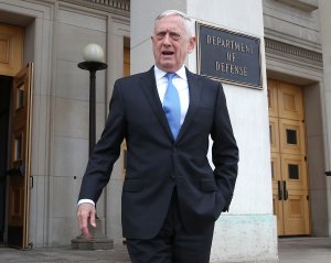 U.S. Secretary of Defense Jim Mattis walks to greet incoming National Security Advisor John Bolton upon Bolton's arrival for a meeting at the Pentagon, on March 29, 2018. (Credit: Mark Wilson/Getty Images)