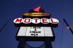 The sign is seen outside the Lorraine Motel, where Dr. Martin Luther King, Jr. was murdered, and is now part of the complex of the National Civil Rights Museum as they prepare for the 50th anniversary of his assassination on April 1, 2018 in Memphis, Tennessee. (Credit: Joe Raedle/Getty Images)