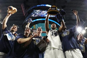The Villanova Wildcats celebrate after defeating the Michigan Wolverines during the 2018 NCAA Men's Final Four National Championship game at the Alamodome on April 2, 2018 in San Antonio, Texas. (Credit: Ronald Martinez/Getty Images)