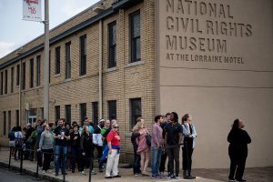 People wait to visit the National Civil Rights Museum at the site of the Lorraine Motel, where Martin Luther King Jr. was assassinated, April 3, 2018 in Memphis, Tennessee. (Credit: BRENDAN SMIALOWSKI/AFP/Getty Images)