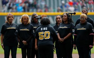 The Ebenezer Baptist Church choir performs prior to the game between the Atlanta Braves and the Washington Nationals during the ceremony commemorating the 50th anniversary of Dr. Martin Luther King, Jr.'s assassination at SunTrust Park on April 4, 2018, in Atlanta, Georgia. (Credit: Kevin C. Cox / Getty Images)