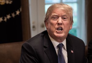 President Donald Trump speaks during a meeting with senior military leaders at the White House on April 9, 2018. (Credit: NICHOLAS KAMM/AFP/Getty Images)