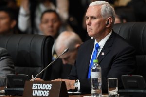 Vice President Mike Pence attends the Eighth Americas Summit in Lima, on April 14, 2018. (Credit: LUKA GONZALES/AFP/Getty Images)