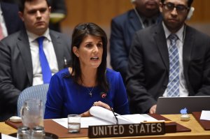 Nikki Haley, U.S. ambassador to the U.N., speaks during a U.N. Security Council meeting at the United Nations Headquarters in New York on April 14, 2018. (Credit: HECTOR RETAMAL/AFP/Getty Images)