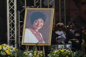 A portrait of Winnie Madikizela-Mandela is displayed on stage during her funeral at the Orlando Stadium in the township of Soweto, concluding 10 days of national mourning on April 14, 2018 in Johannesburg. (Credit: WIKUS DE WET/AFP/Getty Images)