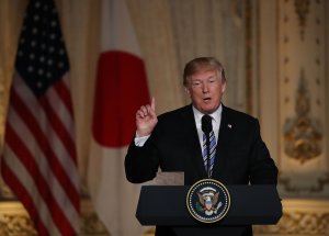 Donald Trump speaks at a joint news conference held with Japanese Prime Minister Shinzo Abe (not pictured) at Mar-a-Lago resort on April 18, 2018 in West Palm Beach, Florida. (Credit: Joe Raedle/Getty Images)