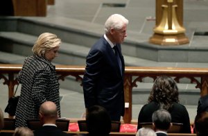 Former President Bill Clinton and former Secretary of State Hillary Clinton arrive at St. Martin's Episcopal Church for a funeral service for former first lady Barbara Bush on April 21, 2018 in Houston, Texas. (Credit: David J. Phillip-Pool/Getty Images)