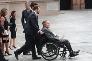 Former president George H.W. Bush leaves the funeral service of former first lady Barbara Bush at St. Martin's Episcopal Church in Houston on April 21, 2018. (Credit: Scott Olson / Getty Images)