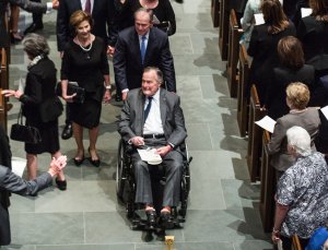 Former president George H.W. Bush, former president George W. Bush, former first lady Laura Bush and family leave St. Martin's Episcopal Church following the funeral service for former first lady Barbara Bush on April 21, 2018, in Houston, Texas. (Credit: Brett Coomer / Getty Images)