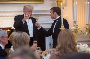 President Donald Trump shares a toast with French President Emmanuel Macron during the State Dinner for the French leader during his visit to The White House, April 24, 2018. (Credit: Chris Kleponis / Getty Images)