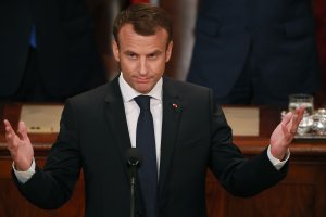 French President Emmanuel Macron acknowledges applause at the conclusion of his address to a joint meeting of the U.S. Congress in the House Chamber at the U.S. Capitol April 25, 2018 in Washington, DC. (Credit: Chip Somodevilla/Getty Images)