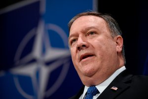 Secretary of State, Mike Pompeo gives a press conference during a NATO Foreign ministers' meeting at the NATO headquarters in Brussels on April 27, 2018. (Credit: John Thys/AFP)