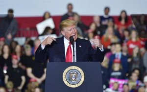 Donald Trump speaks during a rally at Total Sports Park in Washington, Michigan on April 28, 2018. (Credit: MANDEL NGAN/AFP/Getty Images)