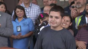 Jesse Hernandez, who fell into the L.A. sewer system on Easter and was rescued after a 12-hour search, appears at a press conference on April 6, 2018. (Credit: KTLA)