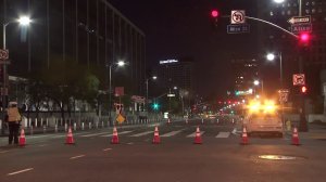 Police cordoned off the area near where two LAPD officers were injured in an early morning crash on April 10, 2018. (Credit: KTLA)