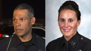 Sgt. James Kelly, left, is seen speaking to KTLA on Sept. 26, 2016, and Cmdr. Nicole Mehringer is seen in a photo from the Los Angeles Police Department's website, where she is listed as Nicole Alberca.