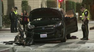 Police and Metro officials investigate the scene of a suspected DUI crash involving an Expo Line train in Santa Monica on April 18, 2018. (Credit: KTLA)